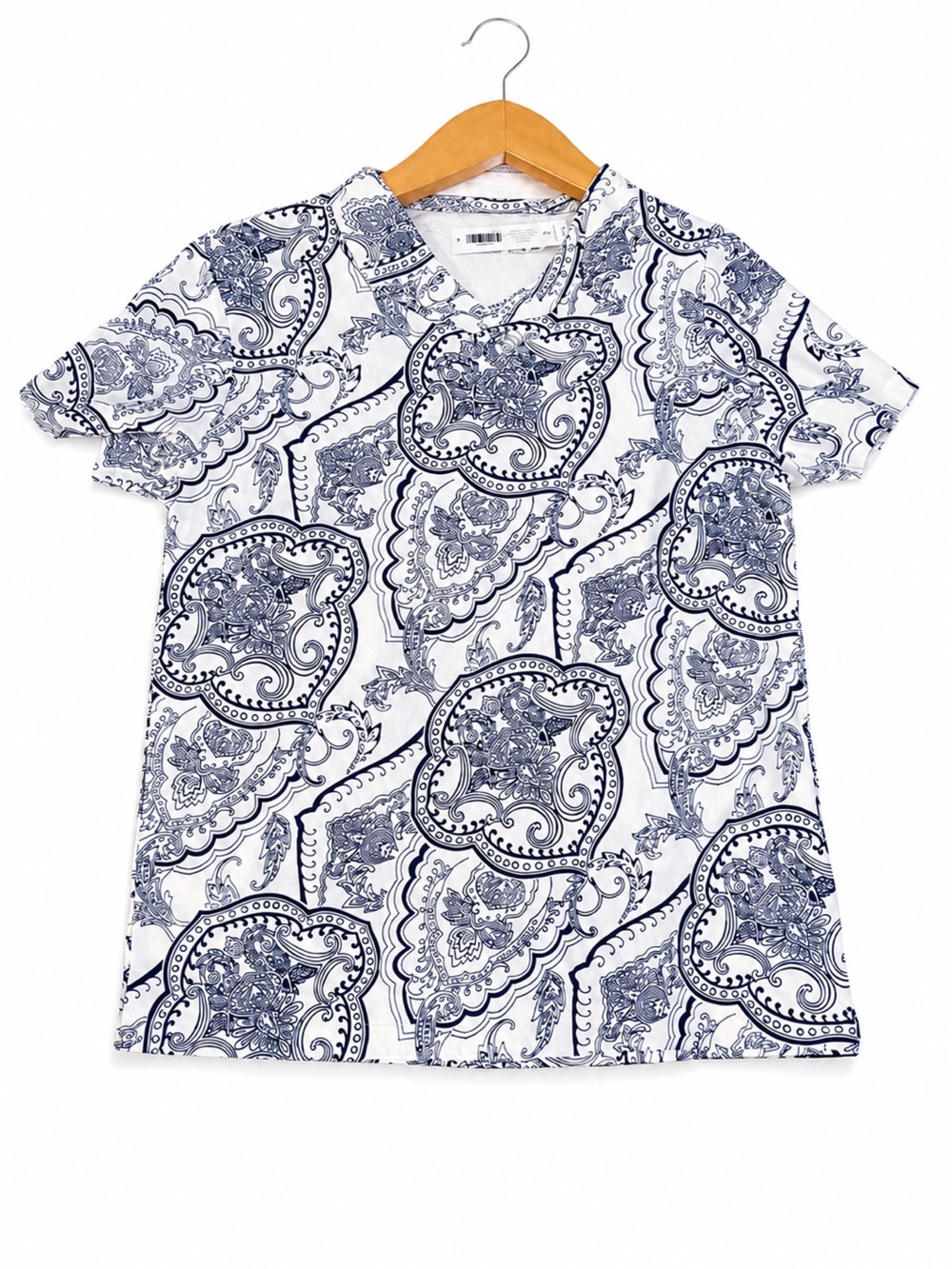Chico's White and Navy Paisley Short Sleeve Tee